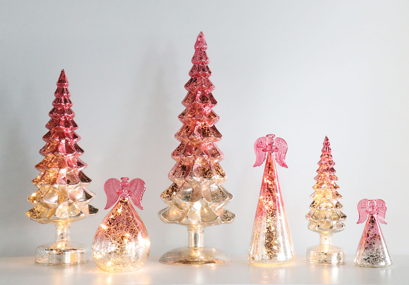 Mercury Glass Christmas Tree with Timer, with Fairy Lights, Lighted Glass Tabletop Christmas Tree Decoration