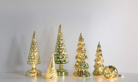 Mercury Glass Christmas Tree Decoration with Fairy Lights, Silver Finish, Holiday Table Centerpiece or Mantle Decor