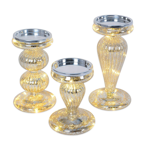 Set of 3 Mercury Glass Candle Holder with LED