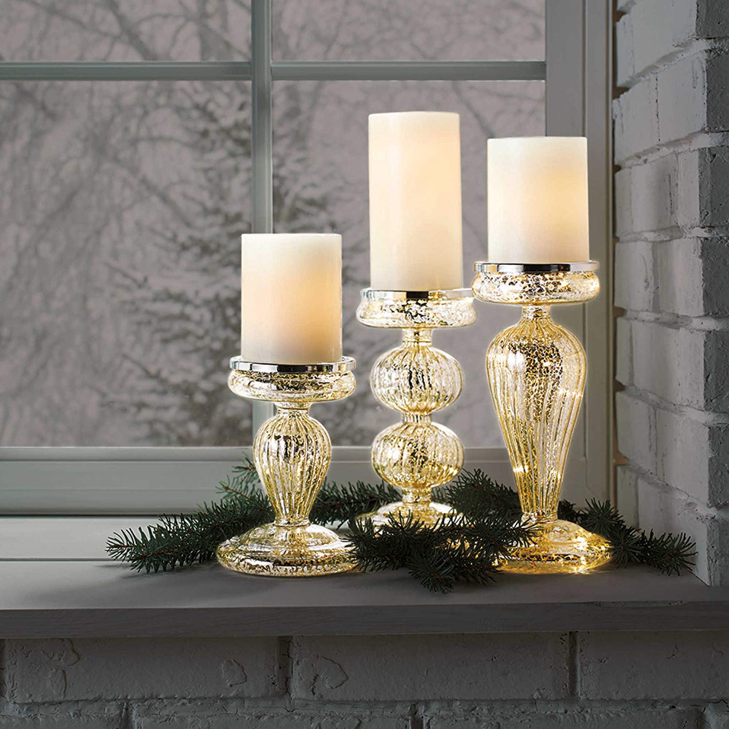 Set of 3 Mercury Glass Candle Holder with LED