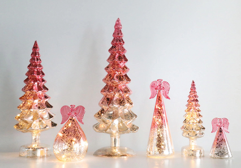 Mercury Glass Christmas Tree with Timer, with Fairy Lights, Lighted Glass Tabletop Christmas Tree Decoration