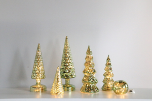 Mercury Glass Christmas Tree Decoration with Fairy Lights, Silver Finish, Holiday Table Centerpiece or Mantle Decor